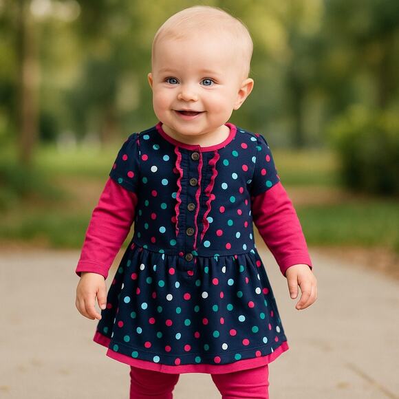 Jean Bourget Tiny Fall Fille Indigo Polka Dot NEW NWT Dress Pink 12 mo - Picture 1 of 6
